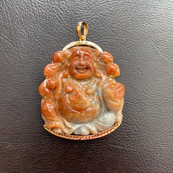 Certified 14k Soliid Gold Red Jade Happy Laughing Buddha Men Large Pendant